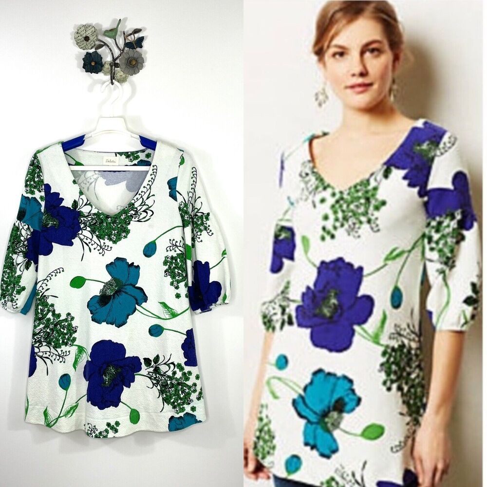 Anthropologie Deletta Haru Size Medium Floral Tunic Top Blue Green Puff Sleeve